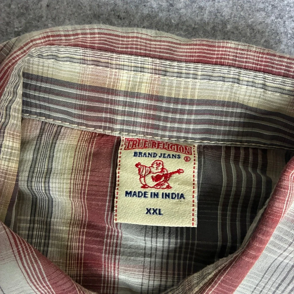 True Religion Mens Plaid Western Pearl Snap Shirt Red Tan Horseshoe Pocket XXL